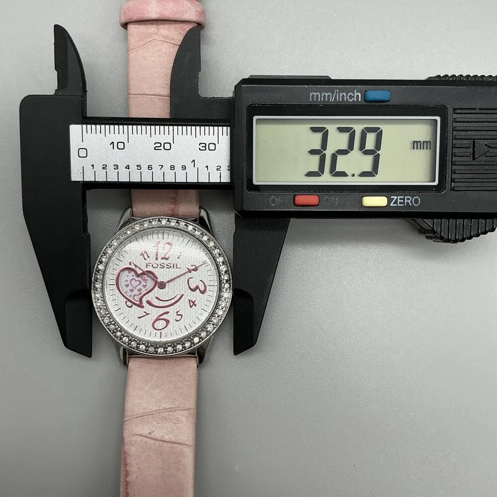 Fossil F2 ES-1350 Womens Watch 33mm Silver Heart Dial Pink Leather New Battery